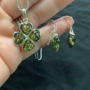 Green Baltic amber pendant with chain, silver and green amber earings